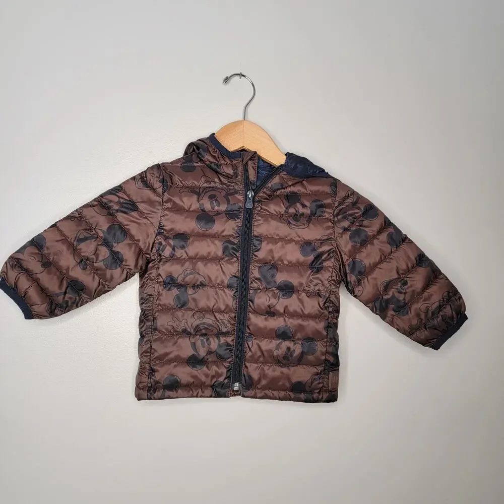 Gap Baby Puffer Jacket Disney Mickey Mouse Thin Sz 18-24 Brown Winter Outerwear